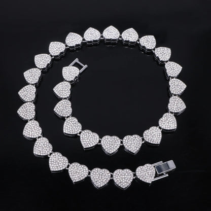 ZAKOL 45CM New Hip Hop Tennis Chain Bracelet Necklace Shiny Heart Rhinestone CZ Fashion Rock Party Jewelry Set