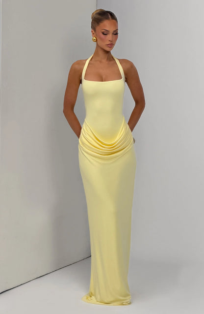 Halter Square Neck Maxi Dress Waist Draped Ruched Bodycon Mermaid Long Gown Elegant Wedding Guest Evening Party Women Dress