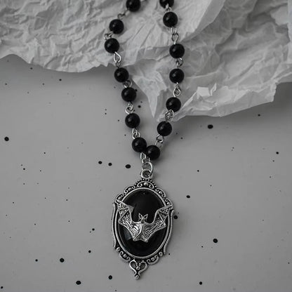 Vintage Gothic Bat Cross Dark Pendant Necklace Y2K Personalized Thorn Love Black Bead Stacked Necklace Suitable Halloween Gifts