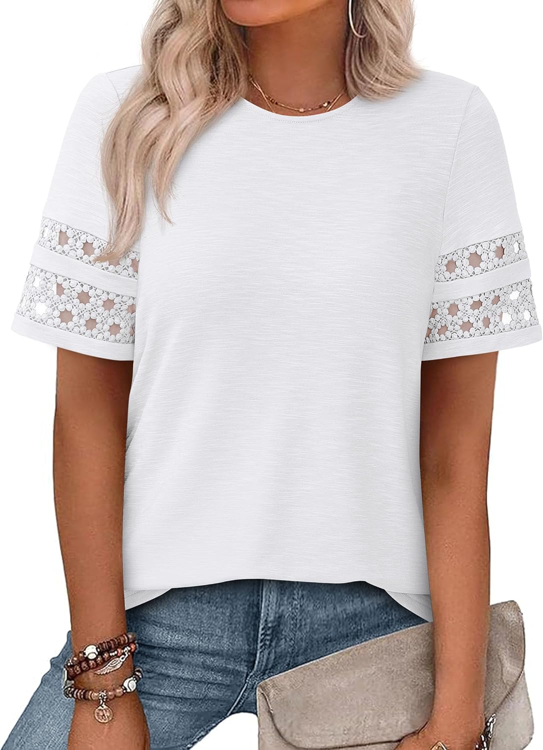 PRETTYGARDEN Women's Summer Short Sleeve Lace Trim T-Shirts