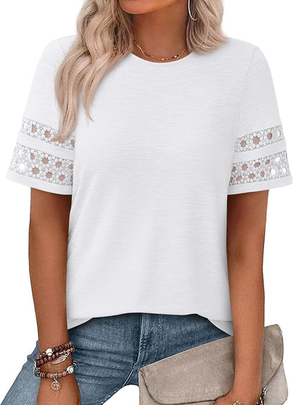 PRETTYGARDEN Women's Summer Short Sleeve Lace Trim T-Shirts