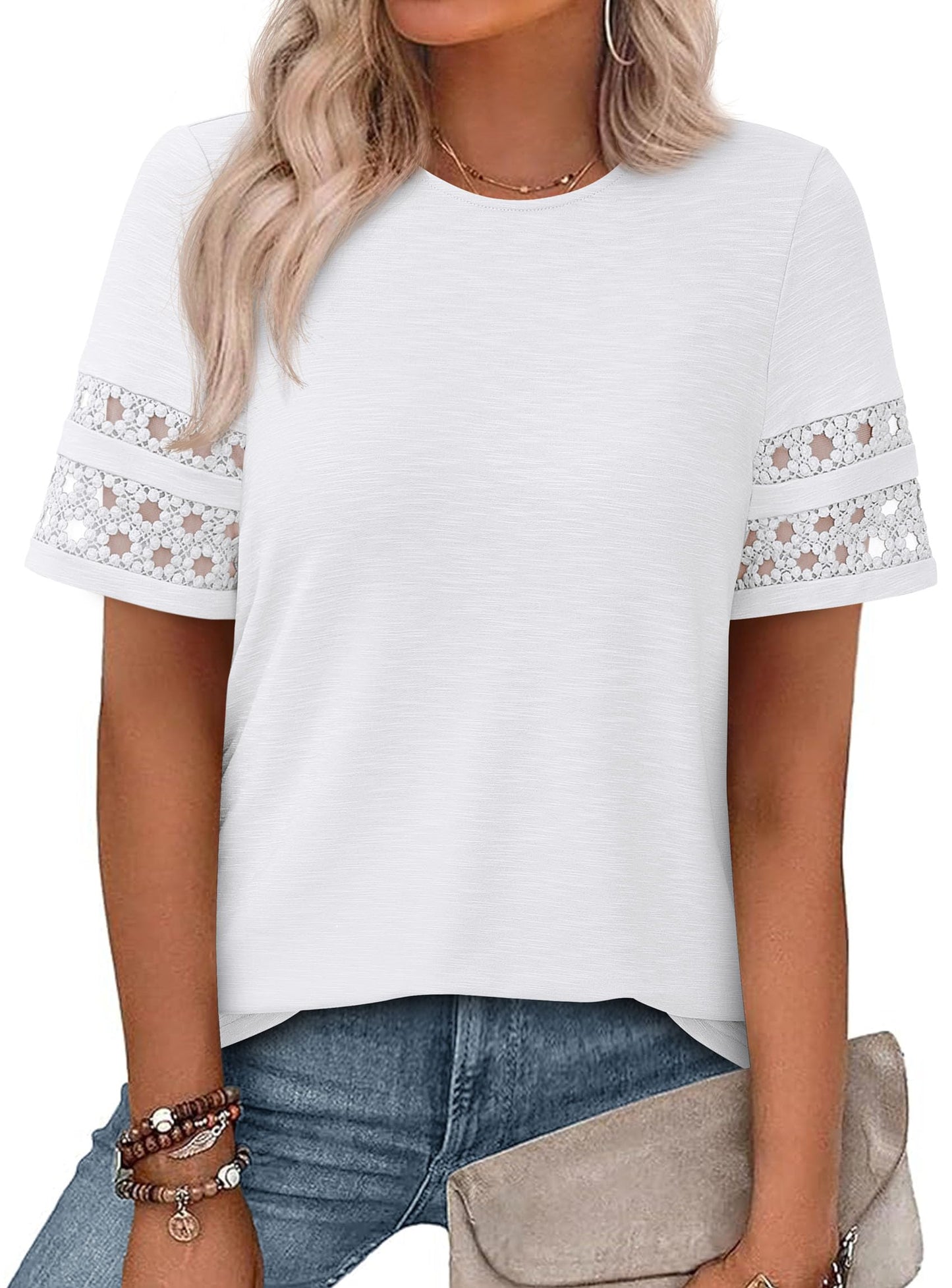 PRETTYGARDEN Women's Summer Short Sleeve Lace Trim T-Shirts