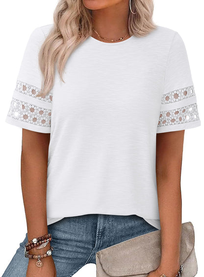 PRETTYGARDEN Women's Summer Short Sleeve Lace Trim T-Shirts