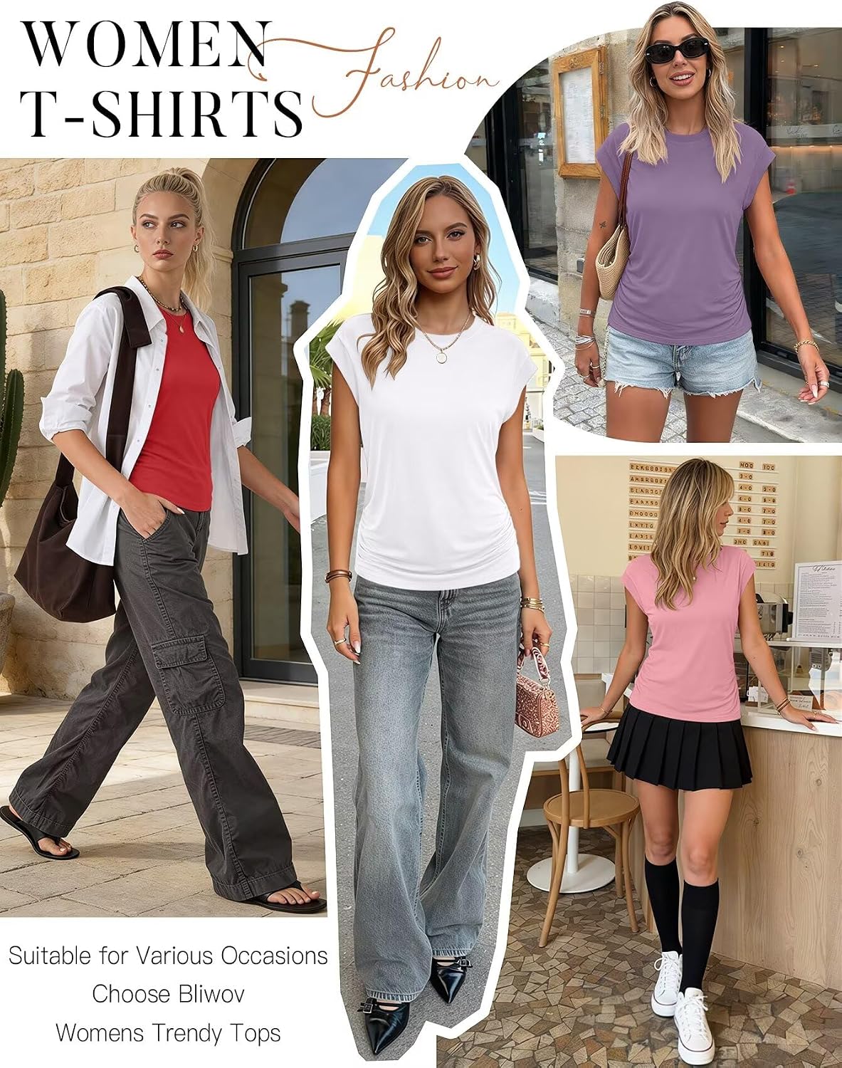 Bliwov Womens Summer Tops Cap Sleeve Crew Neck Casual T Shirts