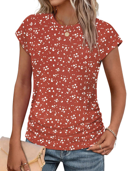 Sampeel Womens Summer Tops Trendy 2026 Ruched Cap Short Sleeve Tshirts Shirts Crew Neck T Shirts Fashion