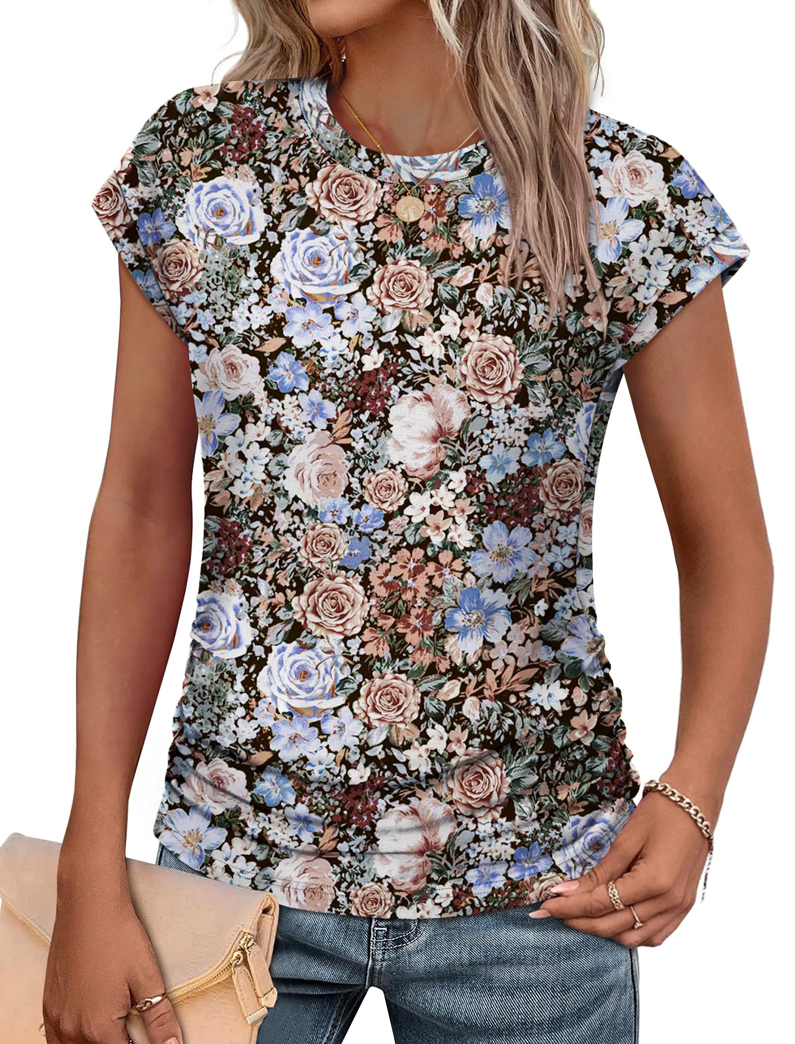 Sampeel Womens Summer Tops Trendy 2026 Ruched Cap Short Sleeve Tshirts Shirts Crew Neck T Shirts Fashion