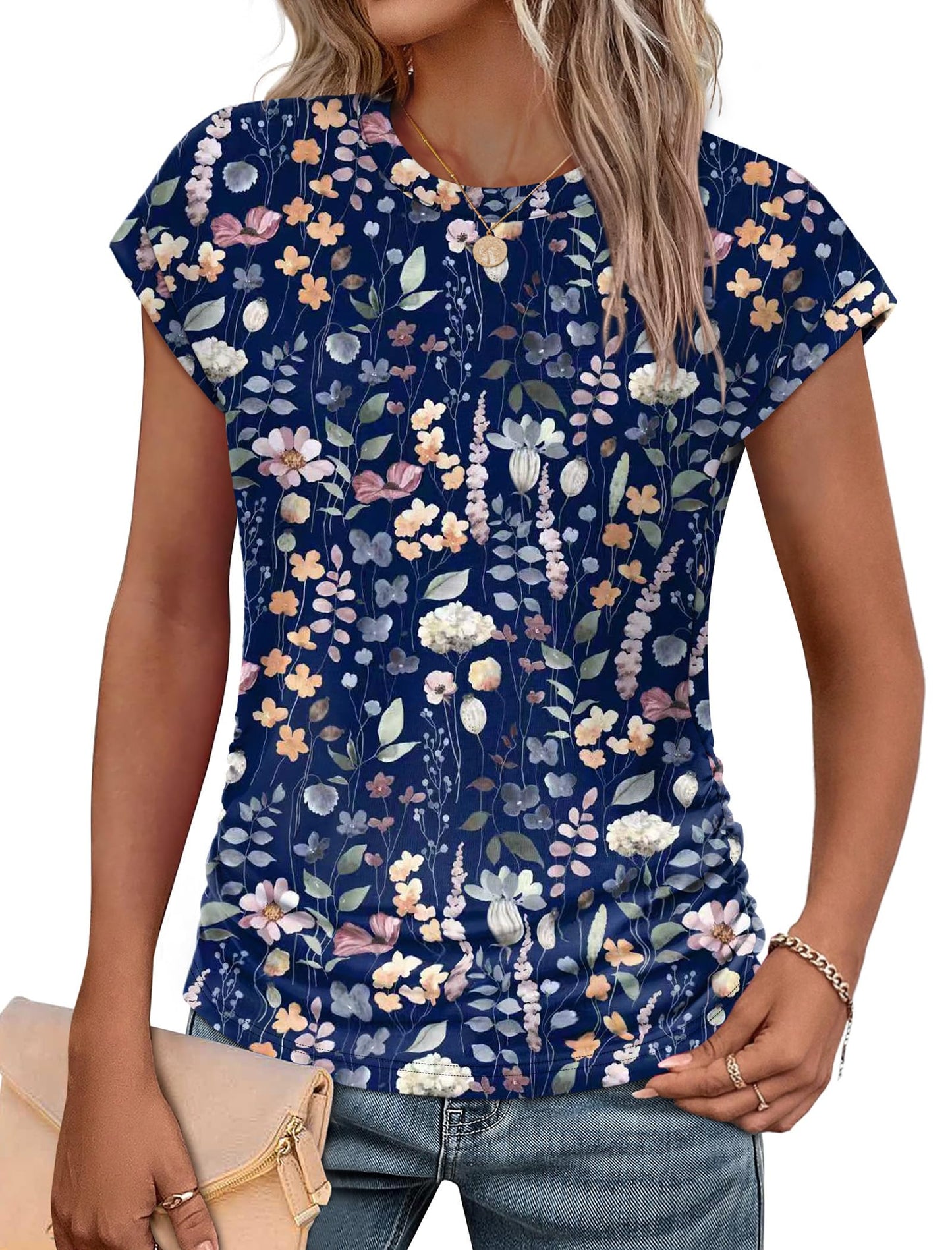Sampeel Womens Summer Tops Trendy 2026 Ruched Cap Short Sleeve Tshirts Shirts Crew Neck T Shirts Fashion