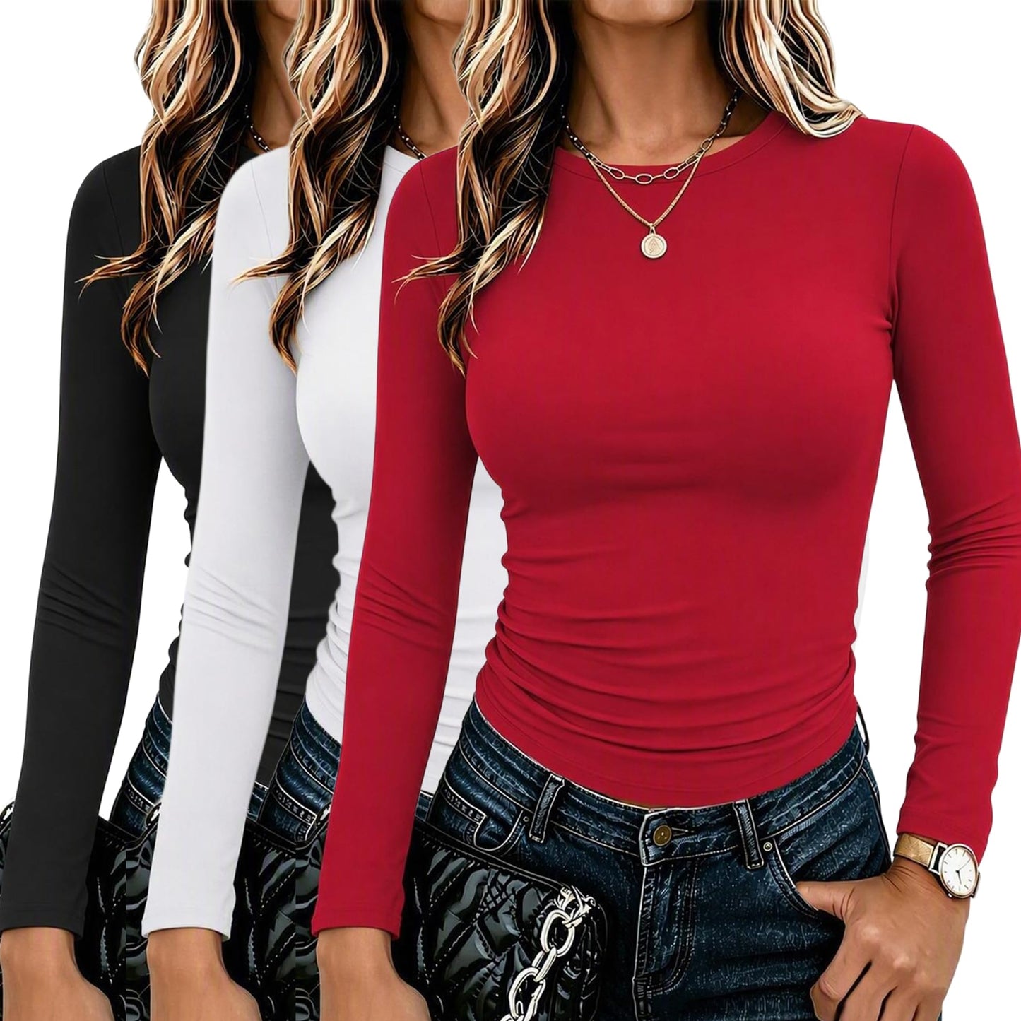 Zeagoo 3 Pack Long Sleeve Shirts for Women Basic Tops Crew Neck Fitted Tee