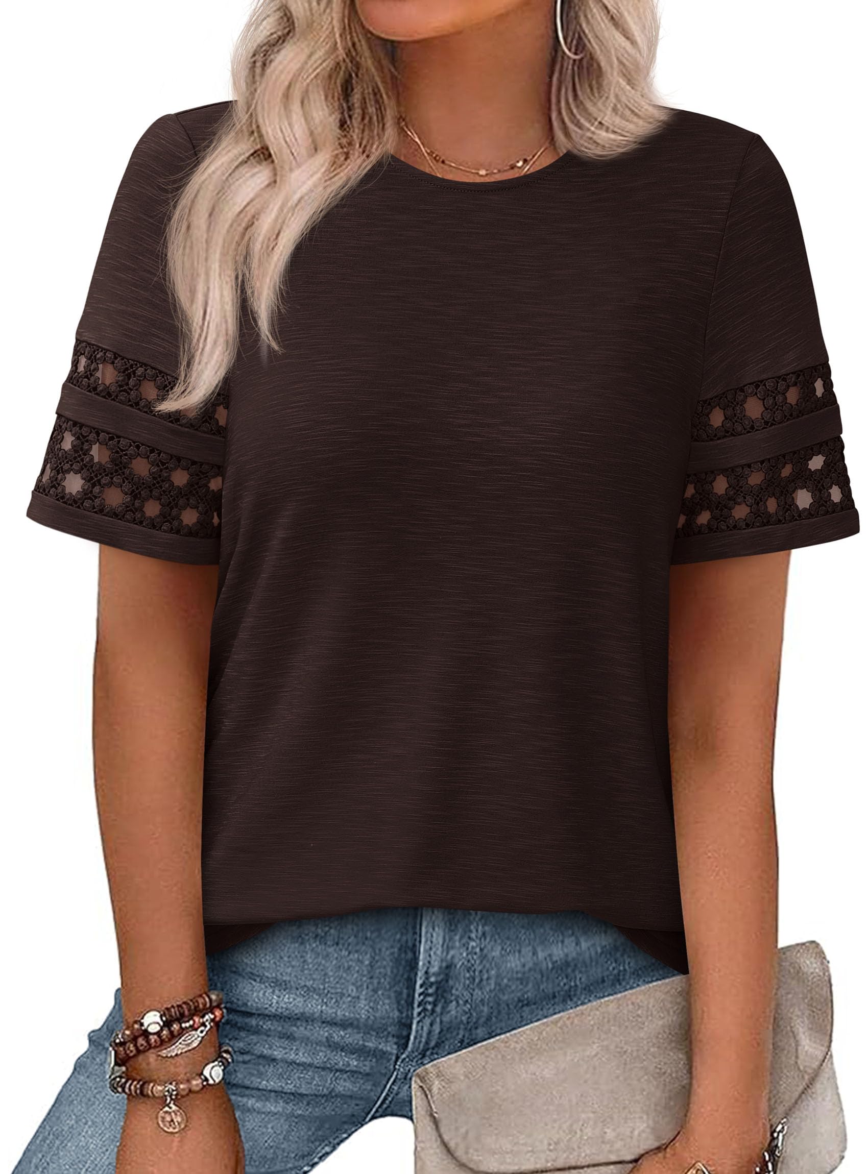 PRETTYGARDEN Women's Summer Short Sleeve Lace Trim T-Shirts