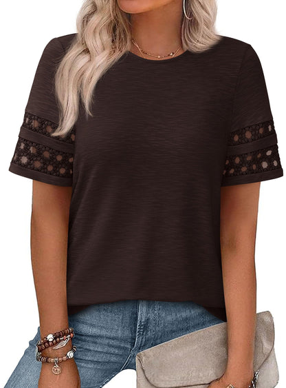 PRETTYGARDEN Women's Summer Short Sleeve Lace Trim T-Shirts