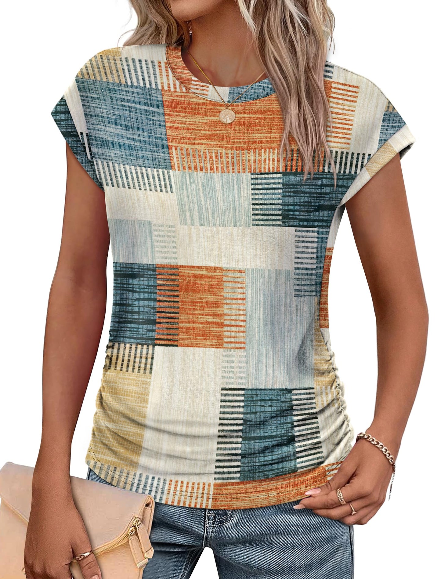 Sampeel Womens Summer Tops Trendy 2026 Ruched Cap Short Sleeve Tshirts Shirts Crew Neck T Shirts Fashion