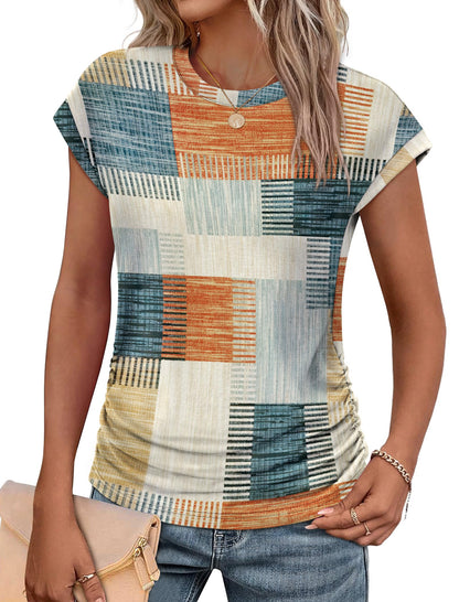 Sampeel Womens Summer Tops Trendy 2026 Ruched Cap Short Sleeve Tshirts Shirts Crew Neck T Shirts Fashion