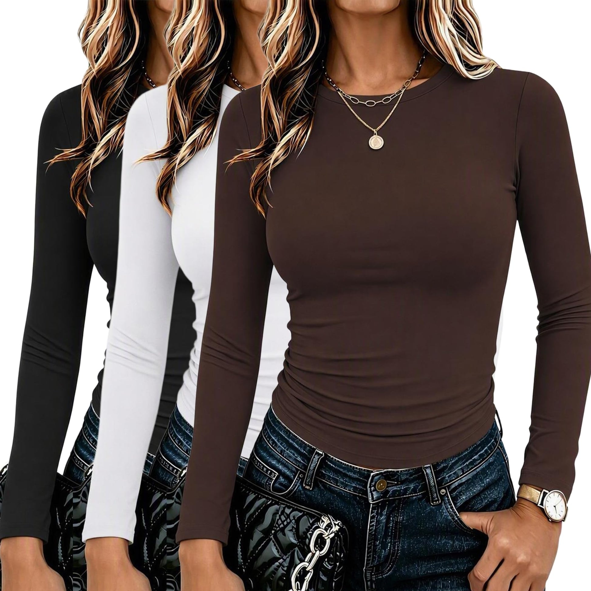 Zeagoo 3 Pack Long Sleeve Shirts for Women Basic Tops Crew Neck Fitted Tee