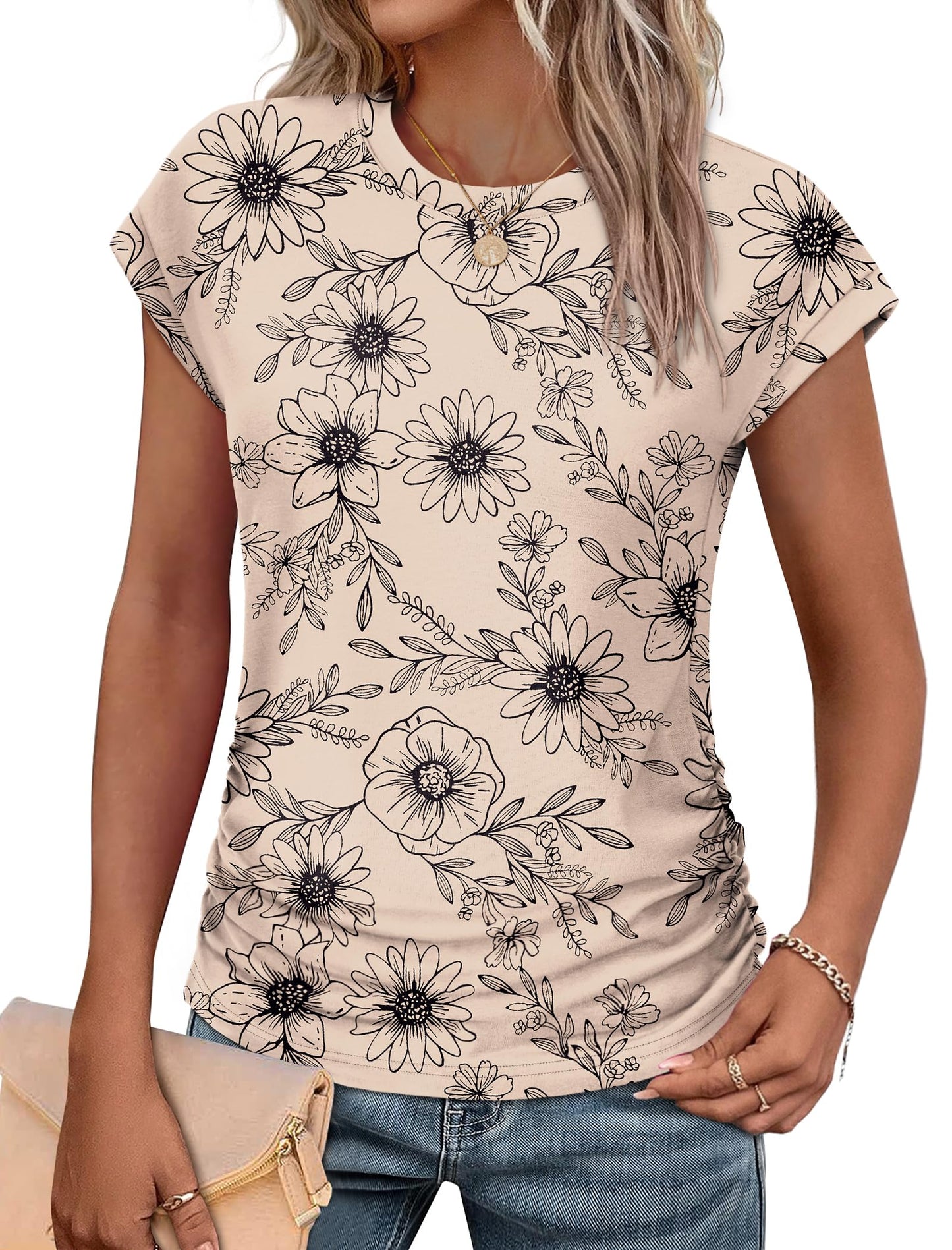Sampeel Womens Summer Tops Trendy 2026 Ruched Cap Short Sleeve Tshirts Shirts Crew Neck T Shirts Fashion