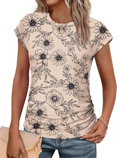Sampeel Womens Summer Tops Trendy 2026 Ruched Cap Short Sleeve Tshirts Shirts Crew Neck T Shirts Fashion