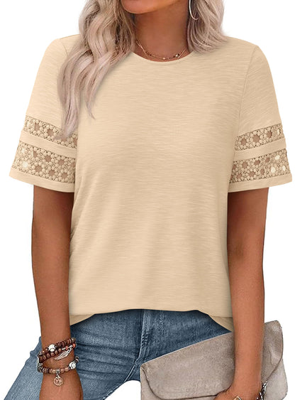 PRETTYGARDEN Women's Summer Short Sleeve Lace Trim T-Shirts