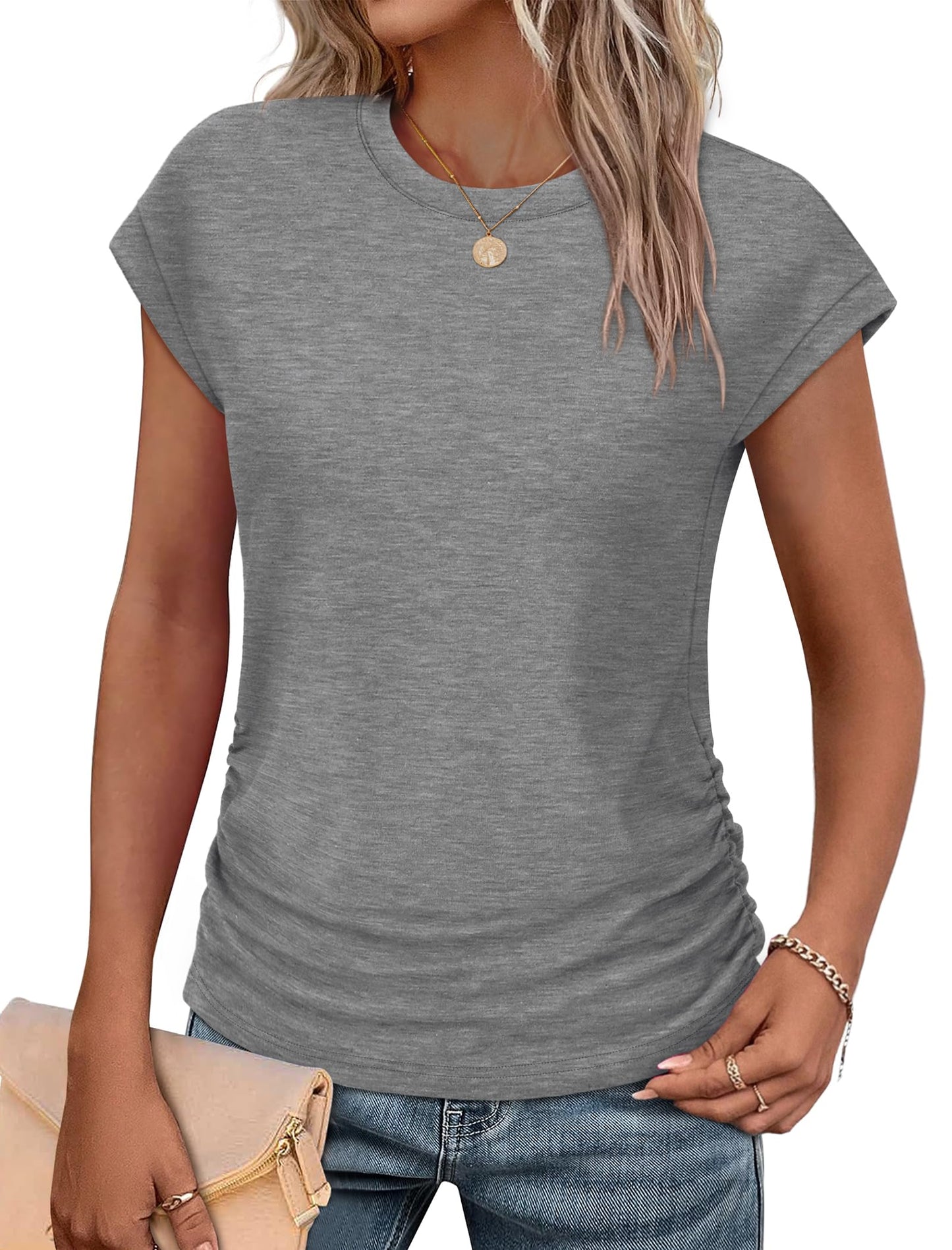 Sampeel Womens Summer Tops Trendy 2026 Ruched Cap Short Sleeve Tshirts Shirts Crew Neck T Shirts Fashion
