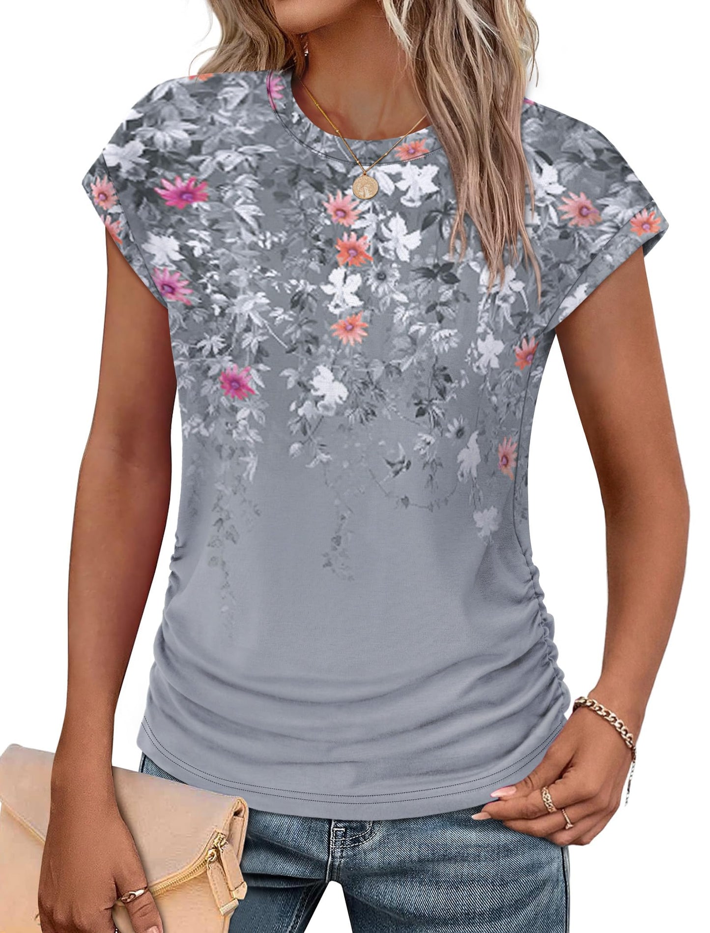 Sampeel Womens Summer Tops Trendy 2026 Ruched Cap Short Sleeve Tshirts Shirts Crew Neck T Shirts Fashion