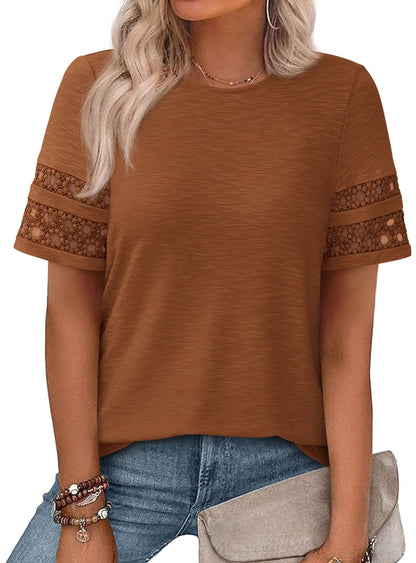 PRETTYGARDEN Women's Summer Short Sleeve Lace Trim T-Shirts
