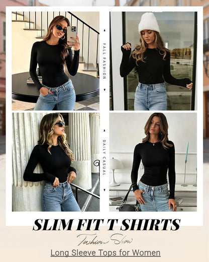 Zeagoo 3 Pack Long Sleeve Shirts for Women Basic Tops Crew Neck Fitted Tee