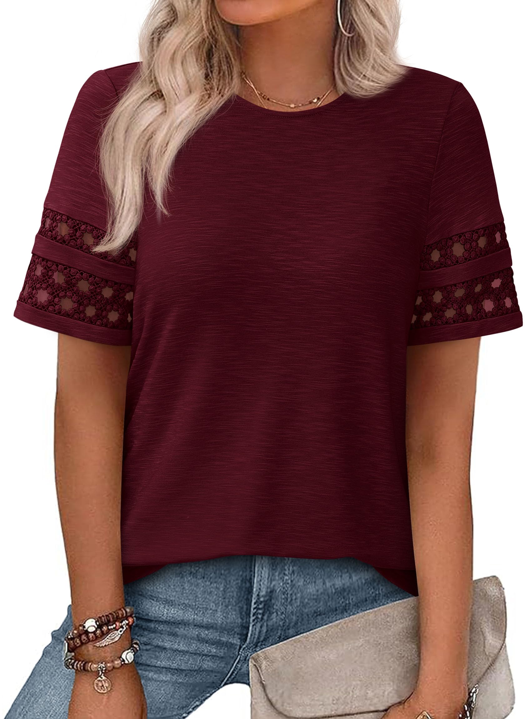 PRETTYGARDEN Women's Summer Short Sleeve Lace Trim T-Shirts