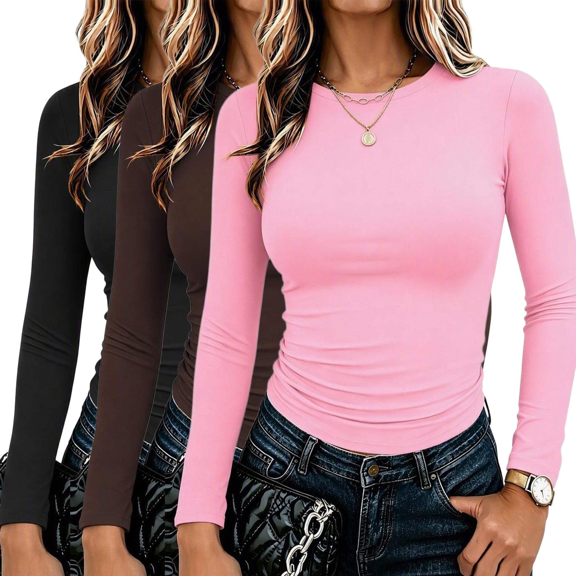 Zeagoo 3 Pack Long Sleeve Shirts for Women Basic Tops Crew Neck Fitted Tee