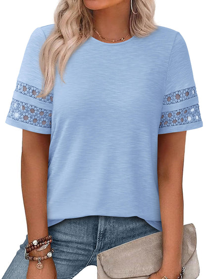 PRETTYGARDEN Women's Summer Short Sleeve Lace Trim T-Shirts
