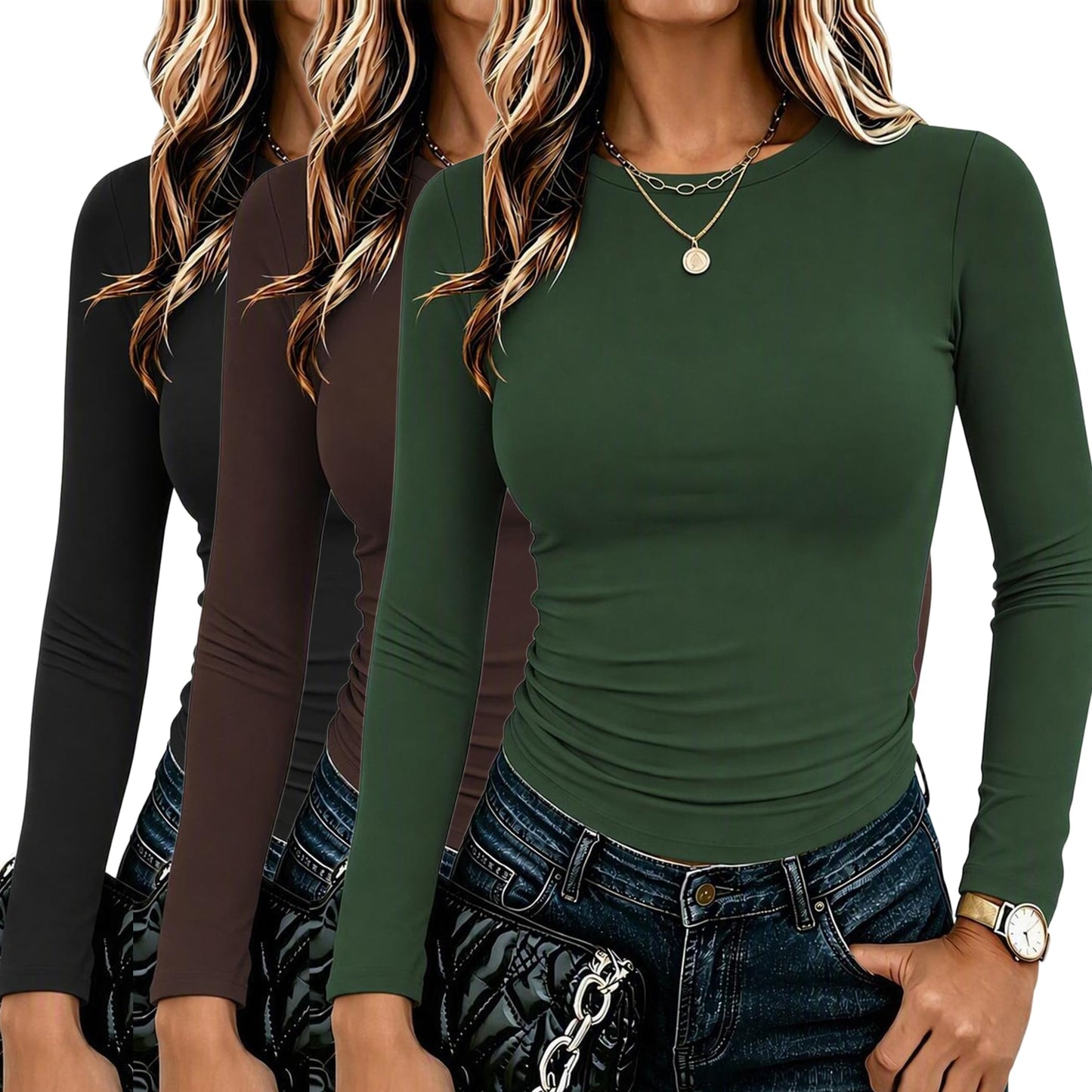 Zeagoo 3 Pack Long Sleeve Shirts for Women Basic Tops Crew Neck Fitted Tee