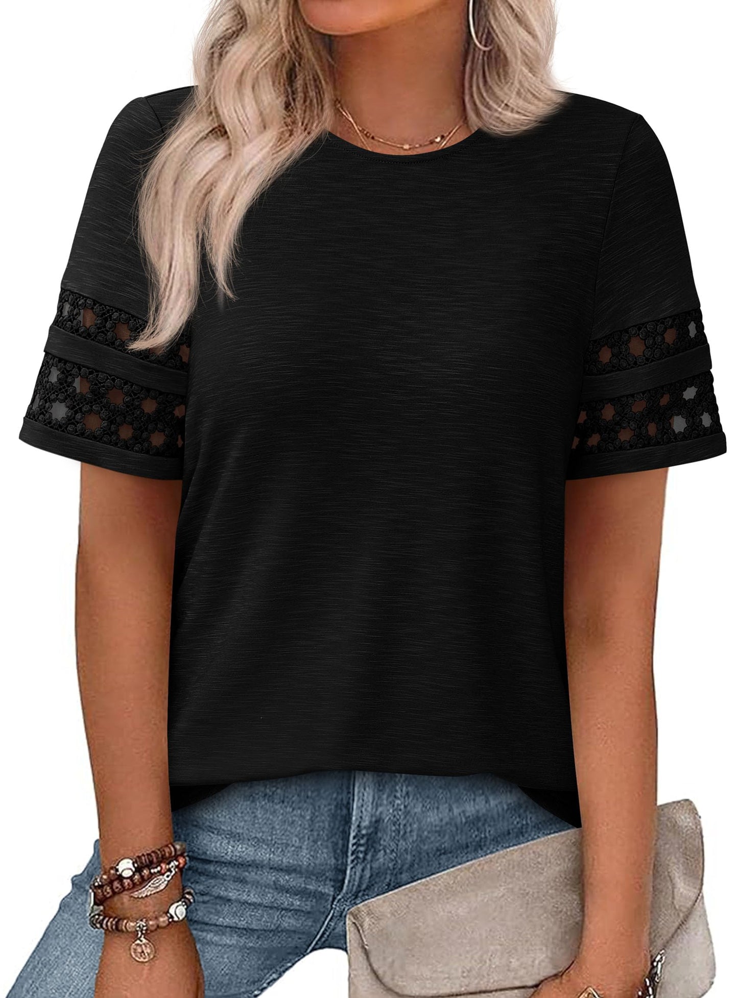 PRETTYGARDEN Women's Summer Short Sleeve Lace Trim T-Shirts