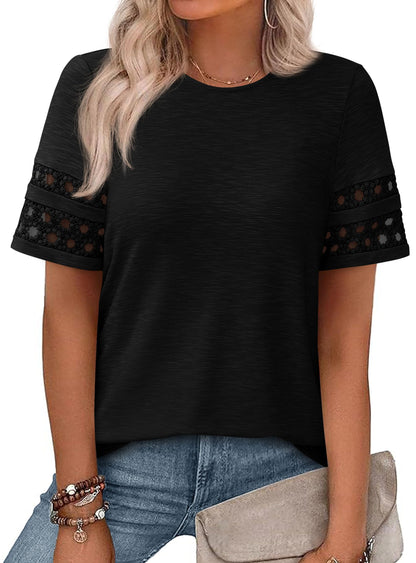PRETTYGARDEN Women's Summer Short Sleeve Lace Trim T-Shirts