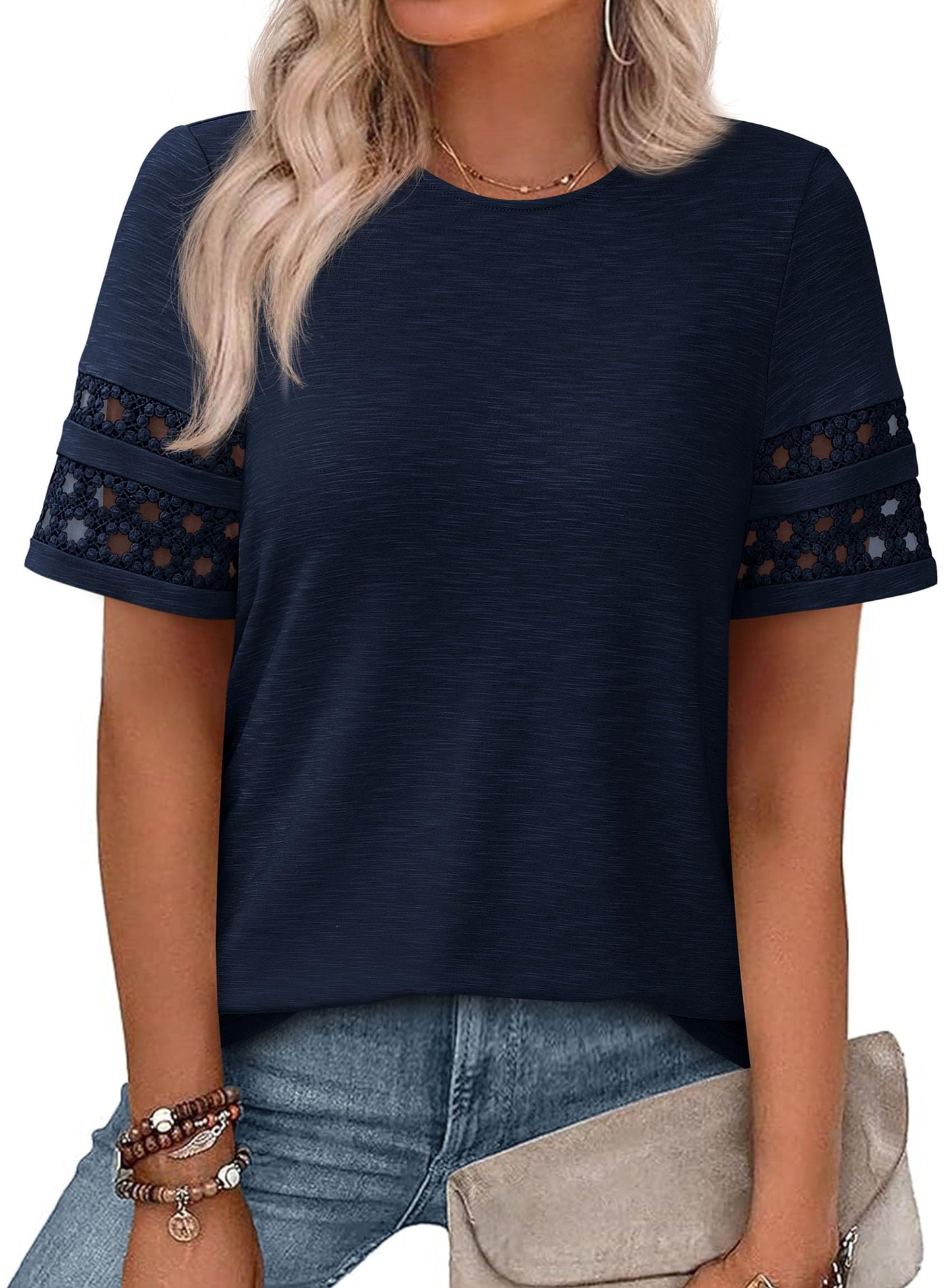 PRETTYGARDEN Women's Summer Short Sleeve Lace Trim T-Shirts
