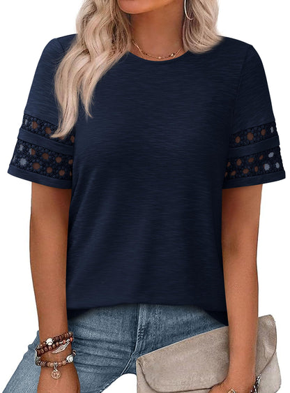 PRETTYGARDEN Women's Summer Short Sleeve Lace Trim T-Shirts