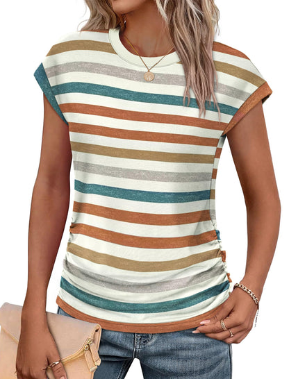 Sampeel Womens Summer Tops Trendy 2026 Ruched Cap Short Sleeve Tshirts Shirts Crew Neck T Shirts Fashion