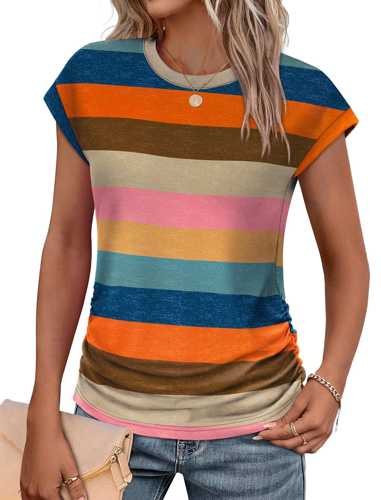 Sampeel Womens Summer Tops Trendy 2026 Ruched Cap Short Sleeve Tshirts Shirts Crew Neck T Shirts Fashion