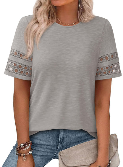 PRETTYGARDEN Women's Summer Short Sleeve Lace Trim T-Shirts