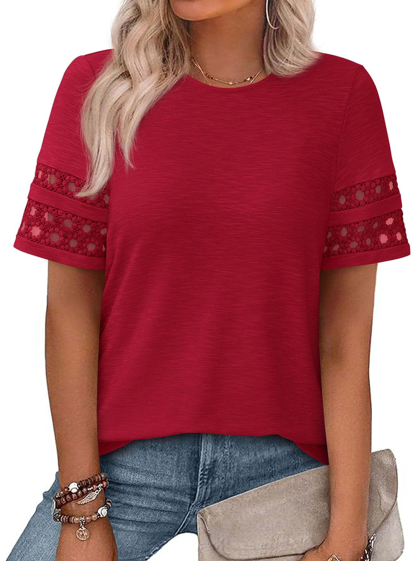PRETTYGARDEN Women's Summer Short Sleeve Lace Trim T-Shirts