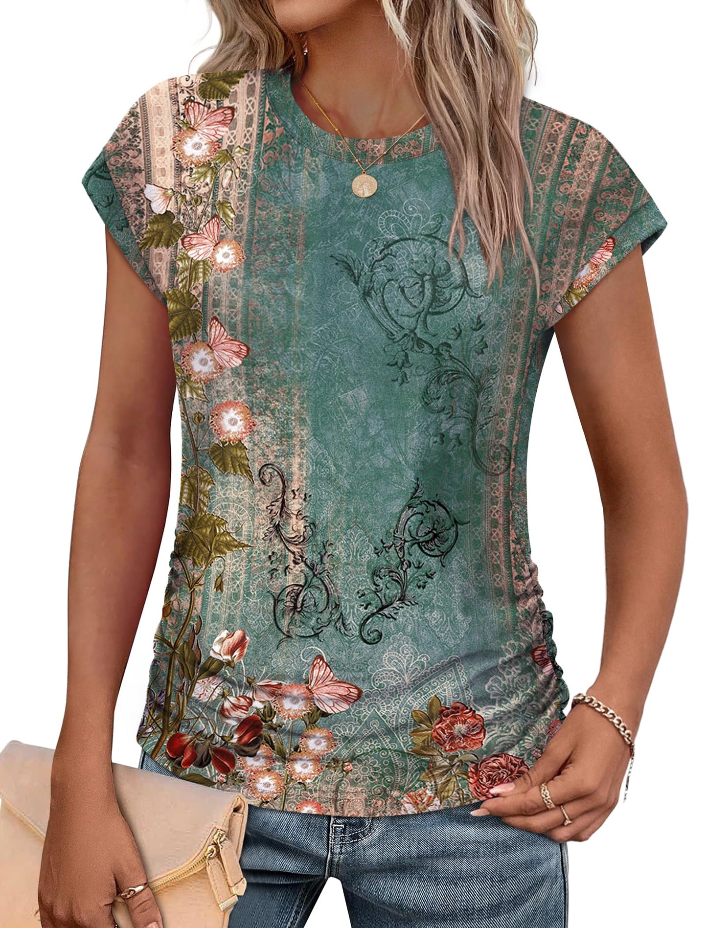 Sampeel Womens Summer Tops Trendy 2026 Ruched Cap Short Sleeve Tshirts Shirts Crew Neck T Shirts Fashion