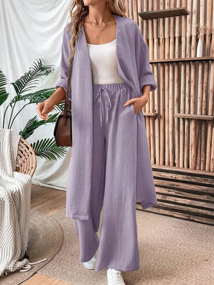 Women Two Piece Outfit Long Open Front Cardigan and Elastic Waist Wide Leg Pants Set Loose Casual Suit for Vacation Daily Wear