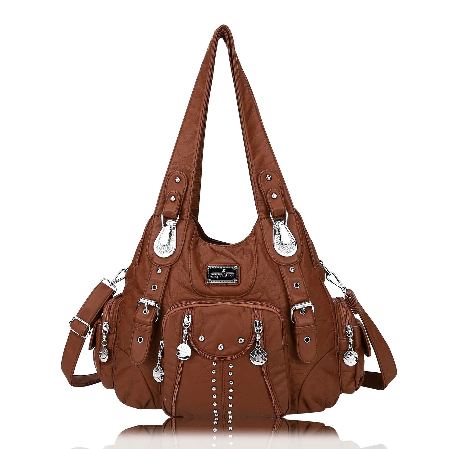 Redemption by Ashley North Angel Kiss large hobo bag in soft PU leather with adjustable strap, multiple pockets, and anti-theft back zipper.