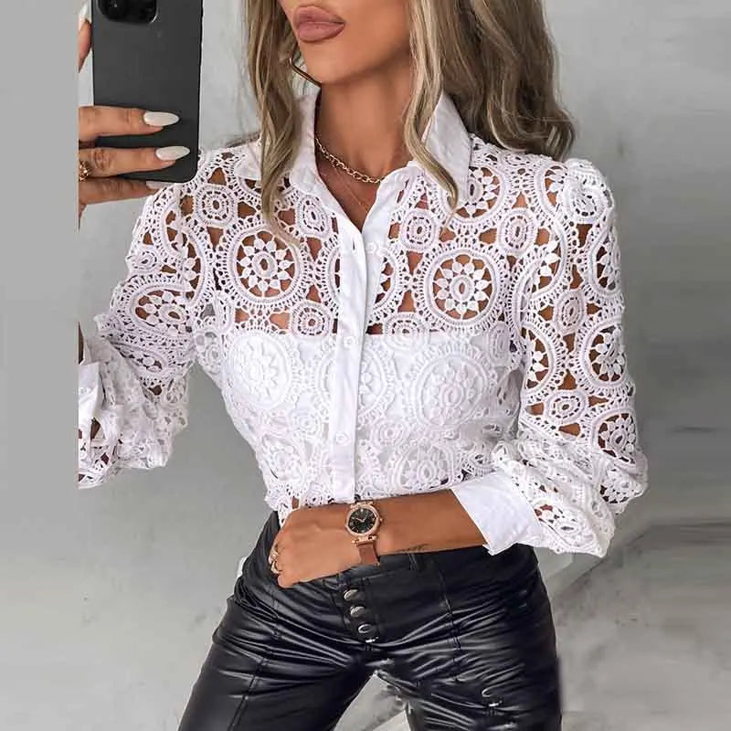 2025 Women's White Lace Shirt, Elegant Hollow Out Vintage Top Long Sleeve Blouse