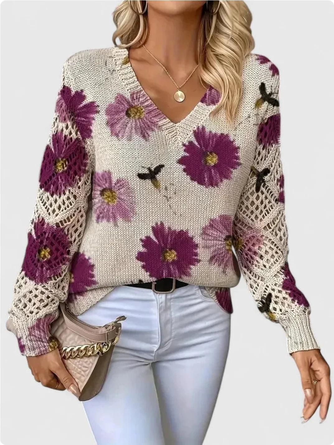 Bohemian Floral V-Neck Pullover | Hollow Print Long Sleeve Knitting Sweater | 2025 Fashion Casual Top (Characters: 78)