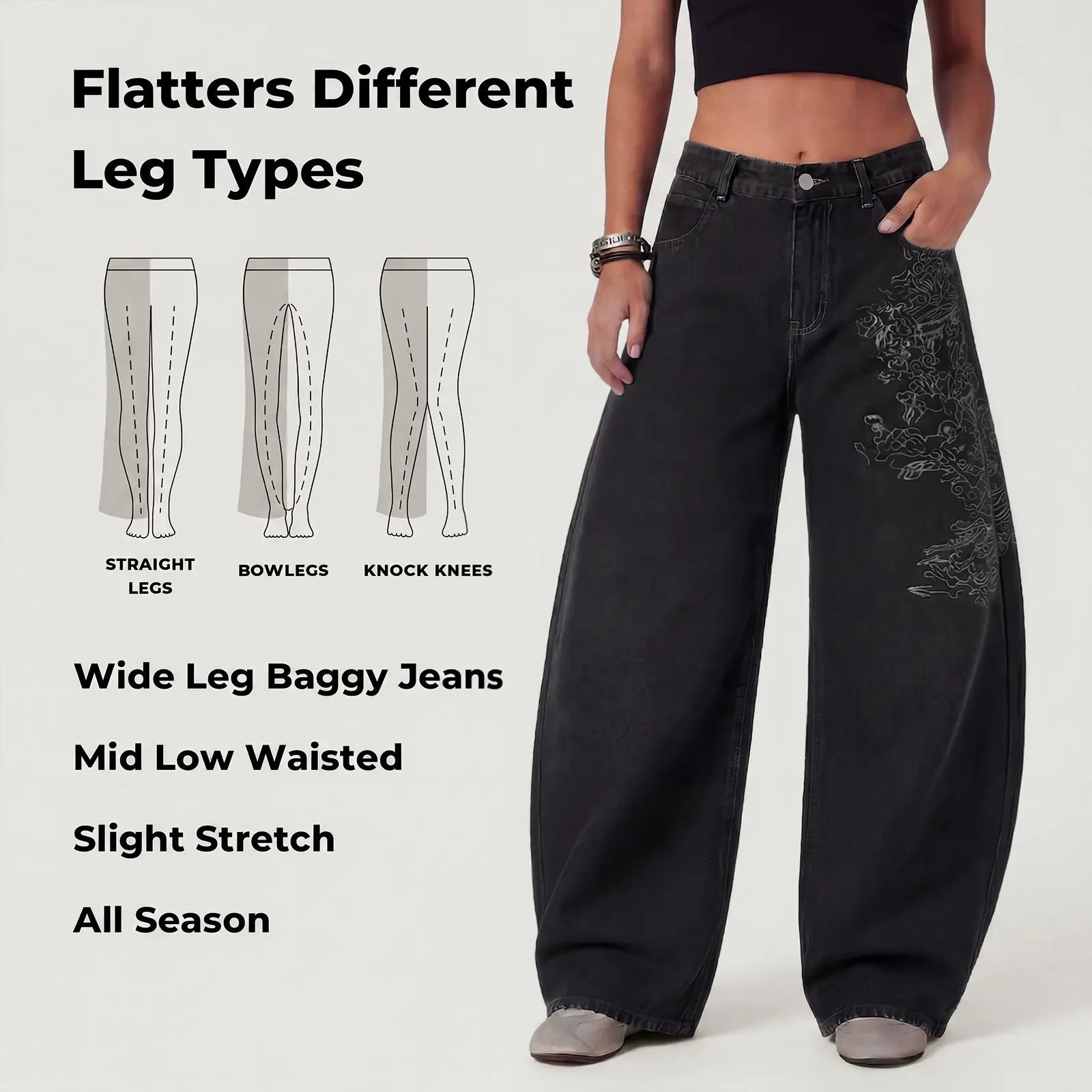 Emmiol【Back to School】Women Hip Hop Baggy Jeans Wide Leg Mid-Low Waist Barrel Jeans Loose Boyfriends Jeans 90S Vintage Denim Pants Casual Comfy Black Womenswear Summer Vibes
