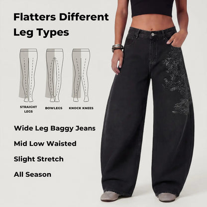 Emmiol【Back to School】Women Hip Hop Baggy Jeans Wide Leg Mid-Low Waist Barrel Jeans Loose Boyfriends Jeans 90S Vintage Denim Pants Casual Comfy Black Womenswear Summer Vibes