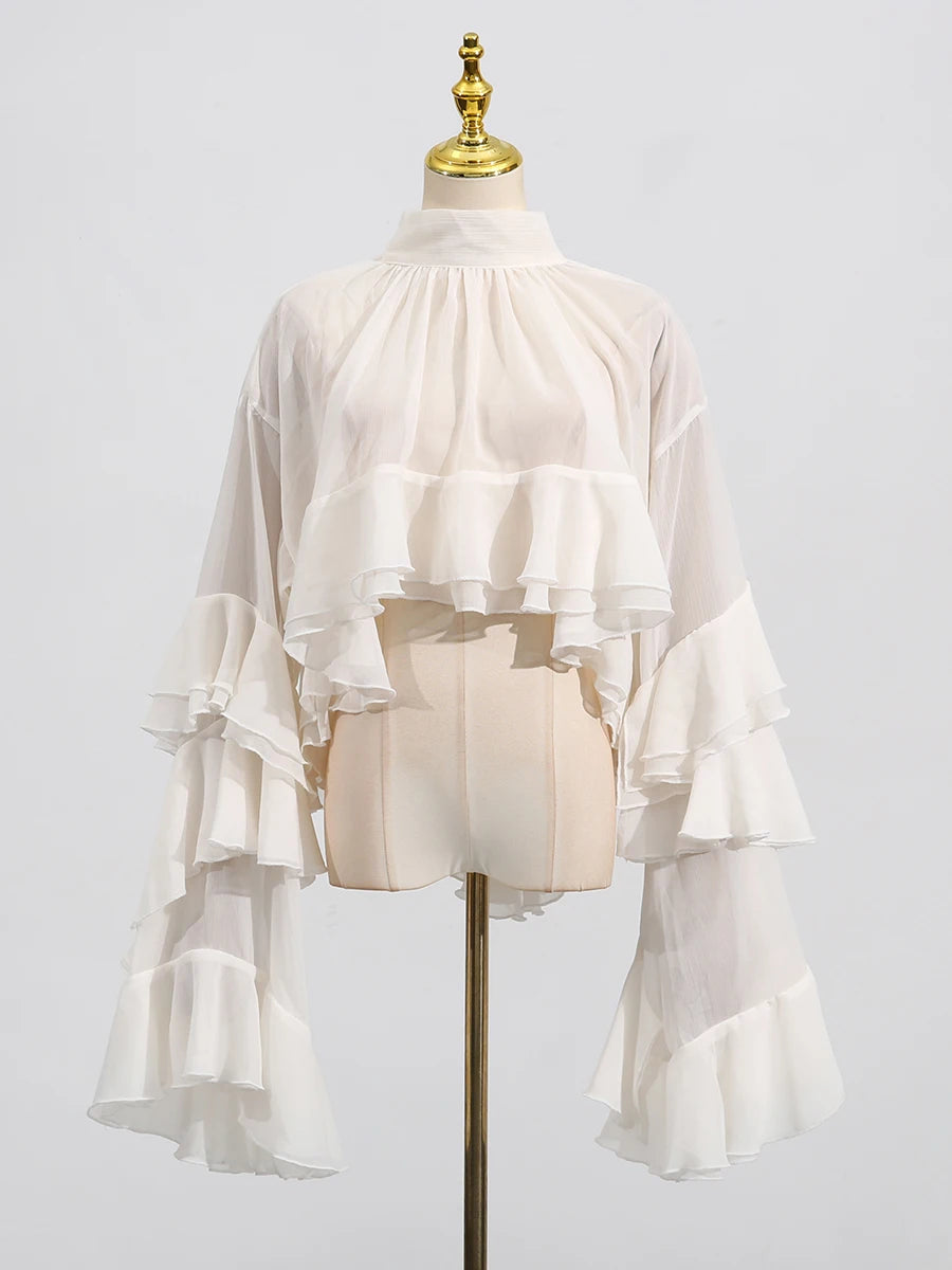 TWOTWINSTYLE Solid Loose Sheer Blouses for Women High Neck Long Sleeves Patchwork Ruffles Folds Elegant Blouse Female Clothing