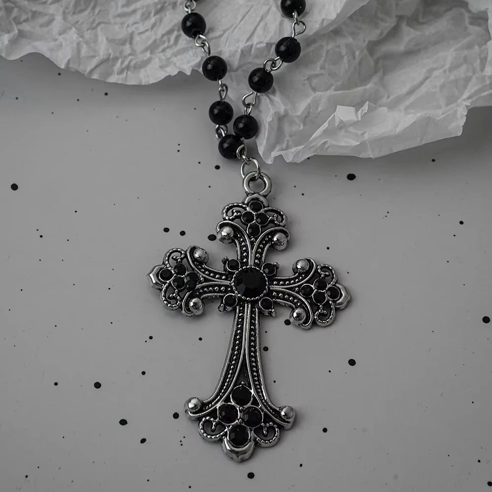 Vintage Gothic Bat Cross Dark Pendant Necklace Y2K Personalized Thorn Love Black Bead Stacked Necklace Suitable Halloween Gifts