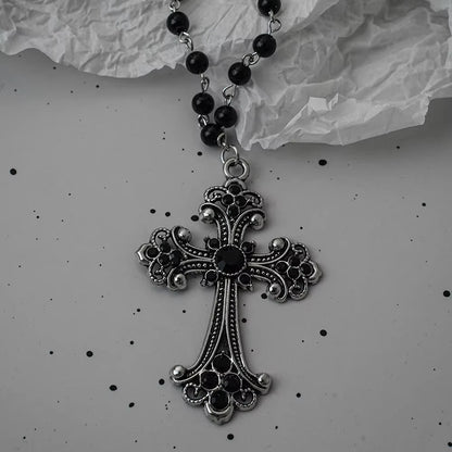 Vintage Gothic Bat Cross Dark Pendant Necklace Y2K Personalized Thorn Love Black Bead Stacked Necklace Suitable Halloween Gifts