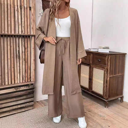 Women Two Piece Outfit Long Open Front Cardigan and Elastic Waist Wide Leg Pants Set Loose Casual Suit for Vacation Daily Wear