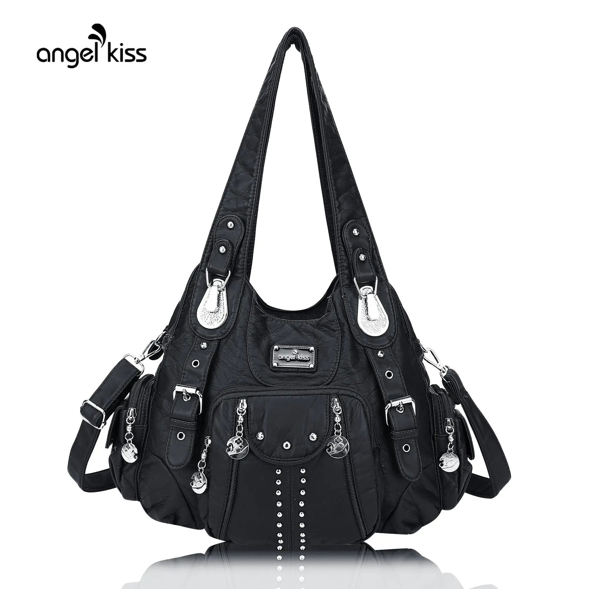 Redemption by Ashley North Angel Kiss large hobo bag in soft PU leather with adjustable strap, multiple pockets, and anti-theft zipper.