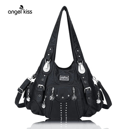 Redemption by Ashley North Angel Kiss large hobo bag in soft PU leather with adjustable strap, multiple pockets, and anti-theft zipper.