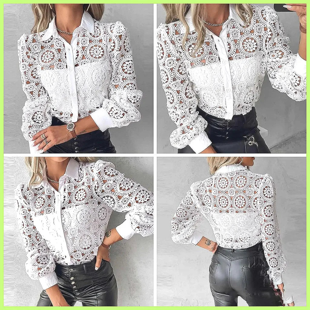 2025 Women's White Lace Shirt, Elegant Hollow Out Vintage Top Long Sleeve Blouse